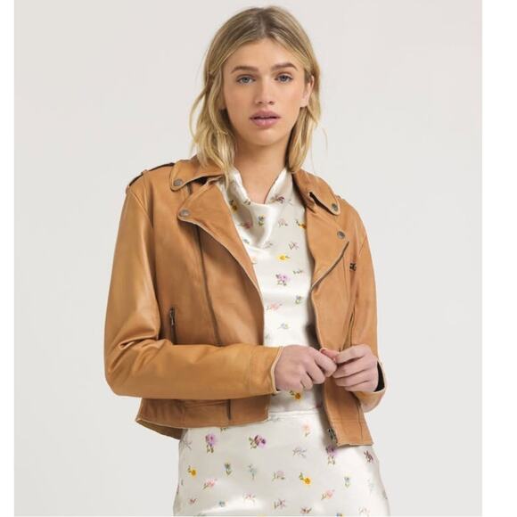 JKT NYC Piper Patina Leather Jacket Au Lait Tan Cropped Unlined Zippers Size XS - Picture 5 of 16